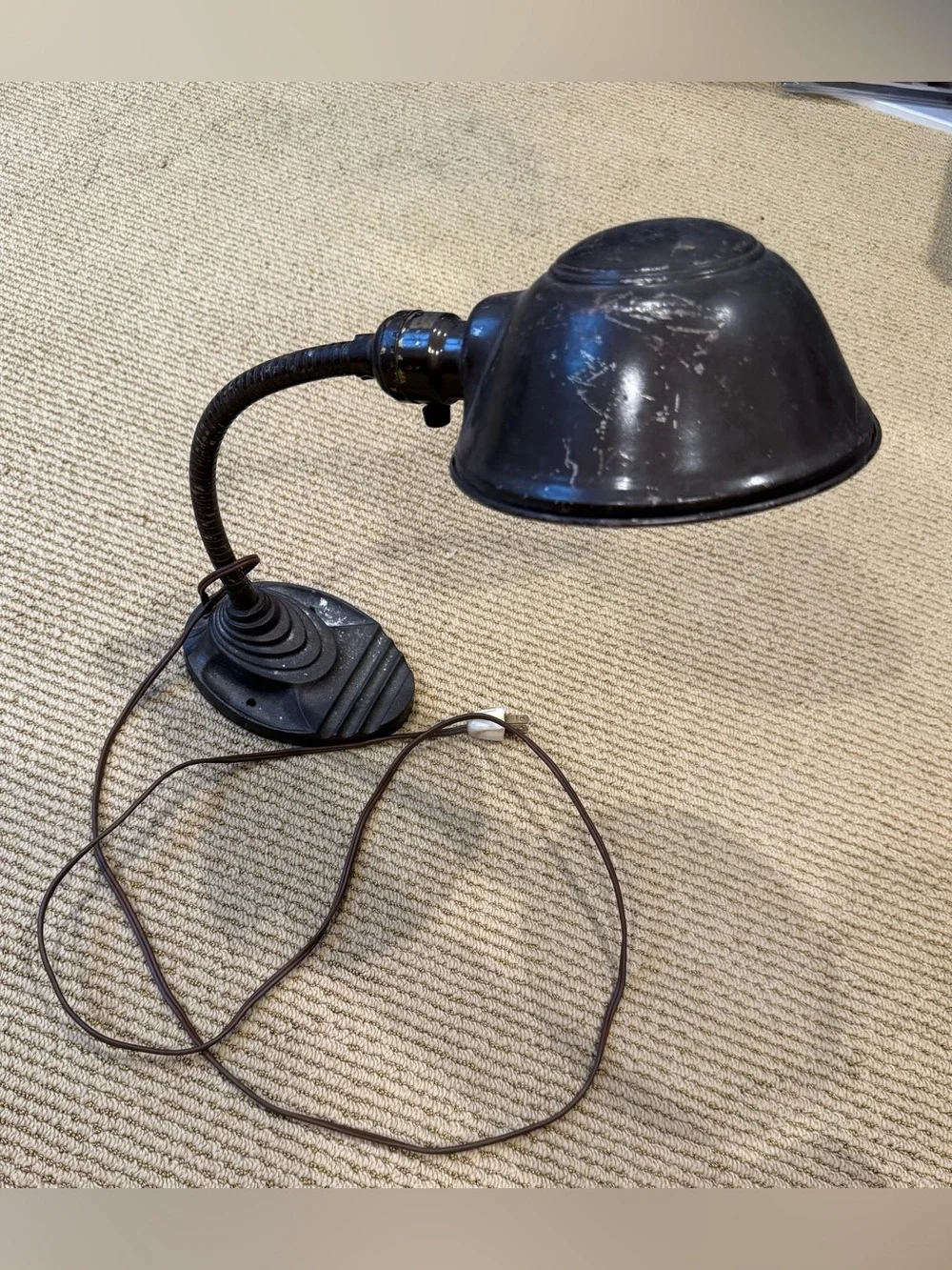 Vintage Industrial Gooseneck Desk Lamp with Cast Metal Base, likely Art Deco